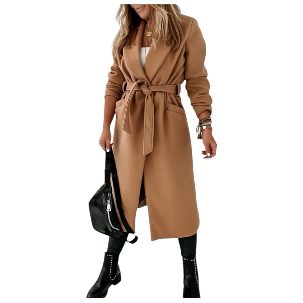 Tankaneo Camel Belted Long Coat Size XL Open Front Lapel Brand New - Picture 5 of 10
